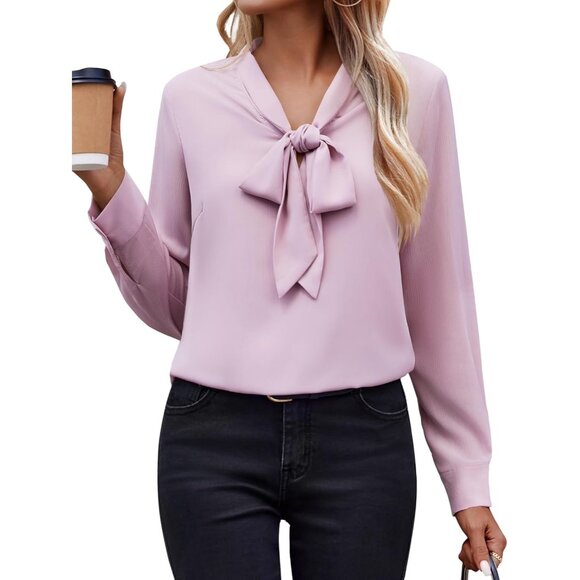 Tops - Women's Blouses Chiffon Long Sleeve Shirts Bow Tie V-Neck Casual Office